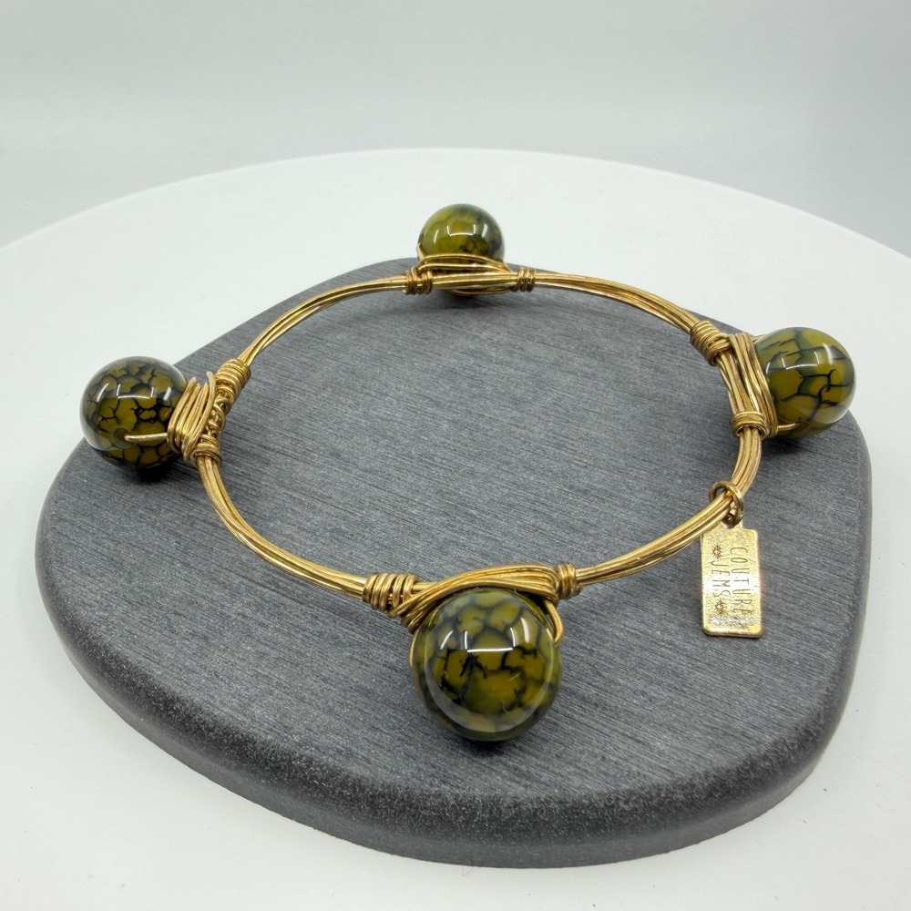 Couture Jems Olive Green Crackle Glass Wire Wrapped Bangle Bracelet Boho Gift